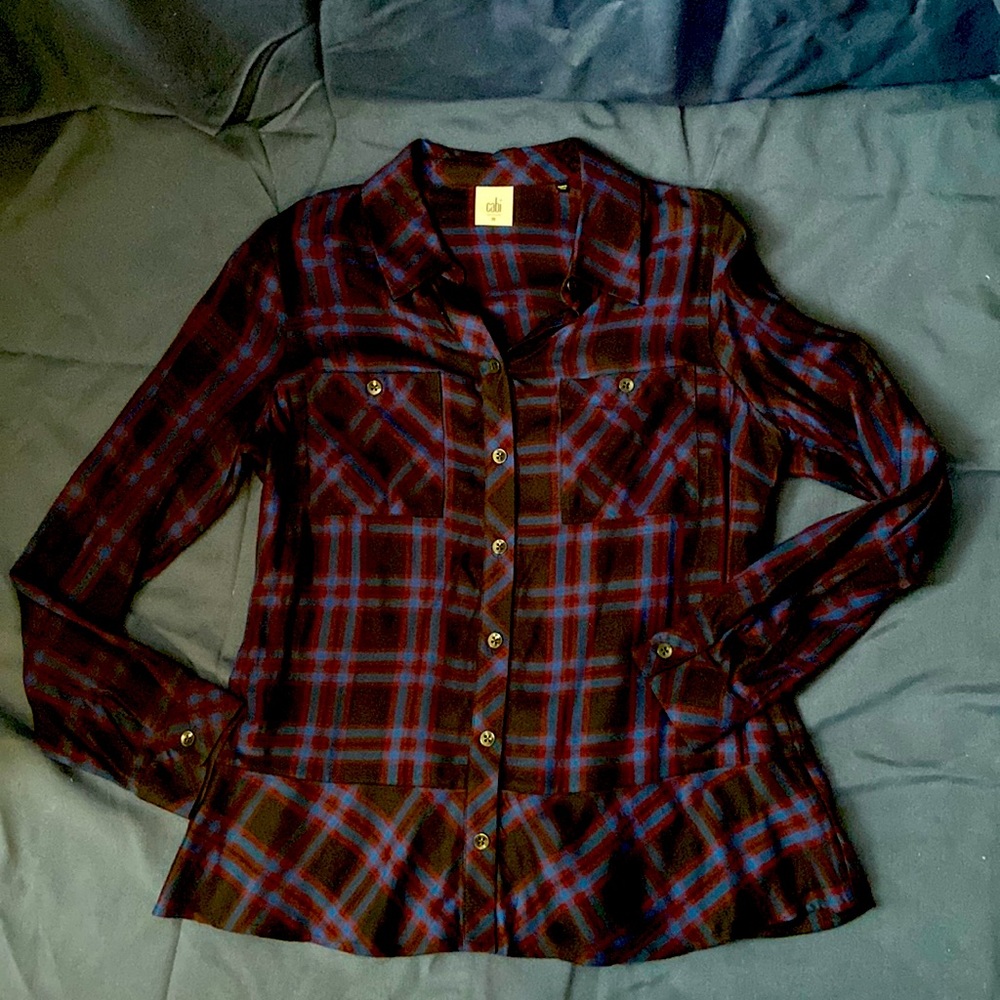 Cabi “Moody Plaid” Peplum Button Down